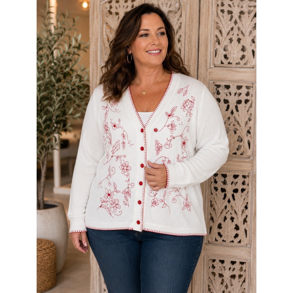 Appleseeds Womens 1X White Red Floral Embroidered Button Front Cardigan Sweater